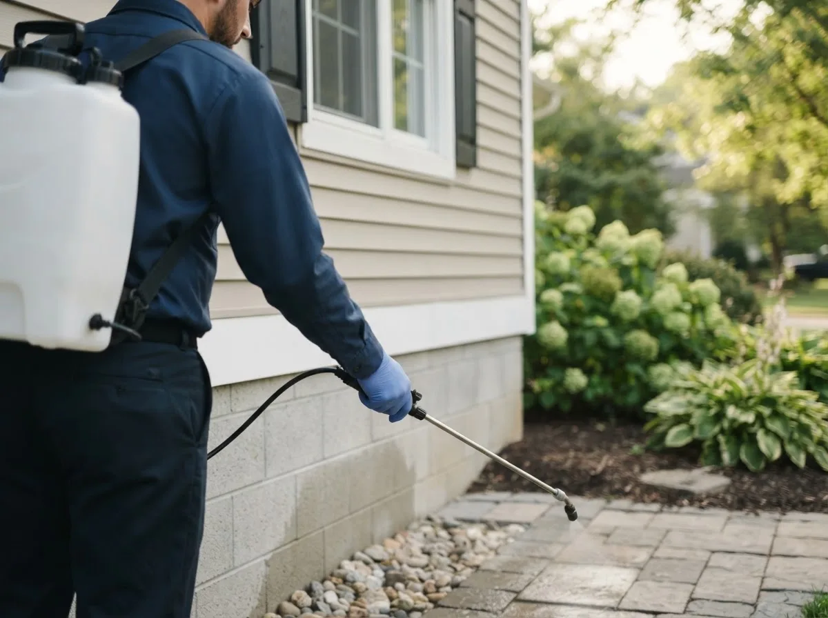 Pest control technician inspecting a home in Coloma, WI